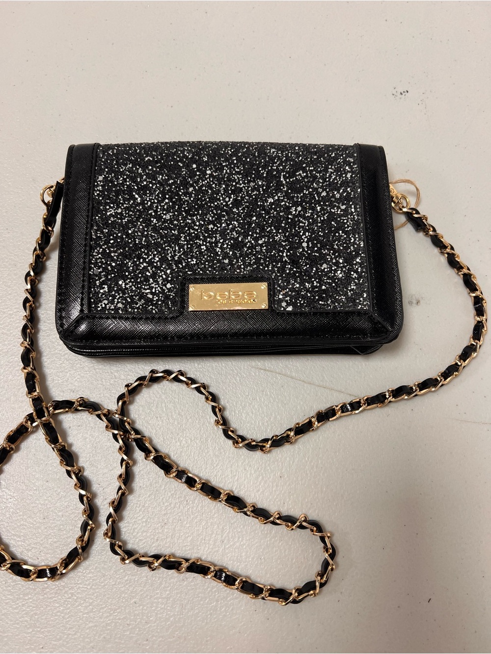 bebe Black Glitter Crossbody with Gold Chain